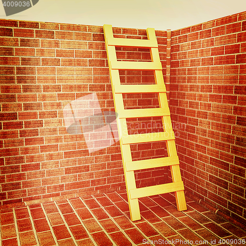 Image of Ladder leans on brick wall . 3D illustration. Vintage style.