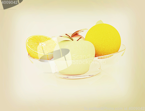 Image of Citrus and apple on a plate. 3D illustration. Vintage style.