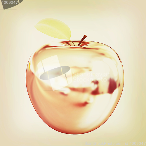 Image of Chrome Apple with green leaf. 3D illustration. Vintage style.