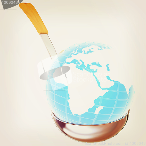 Image of Blue earth on soup ladle . 3D illustration. Vintage style.