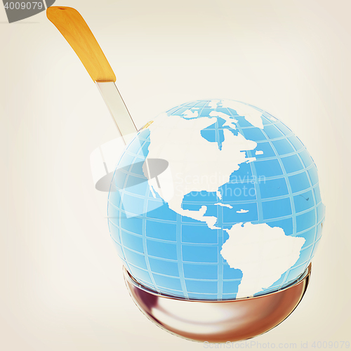 Image of Blue earth on soup ladle . 3D illustration. Vintage style.