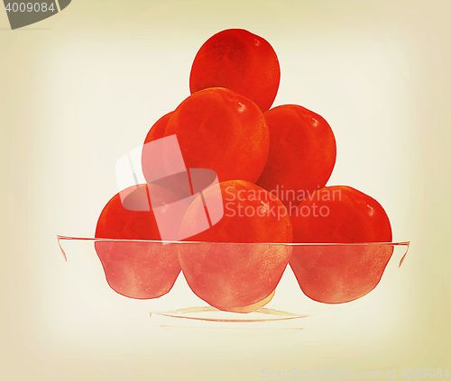 Image of fresh peaches on a plate. 3D illustration. Vintage style.