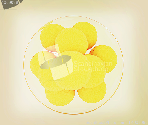 Image of Oranges on a plate. 3D illustration. Vintage style.