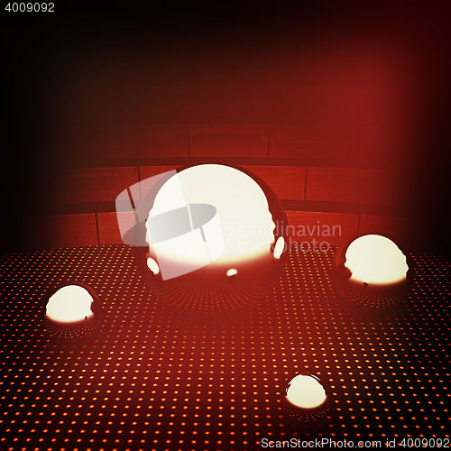 Image of Chrome ball on light path to infinity. 3D illustration. Vintage 