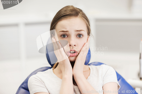 Image of scared and terrified patient girl at dental clinic