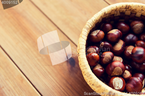 Image of close up of chestnuts in basket on wooden table