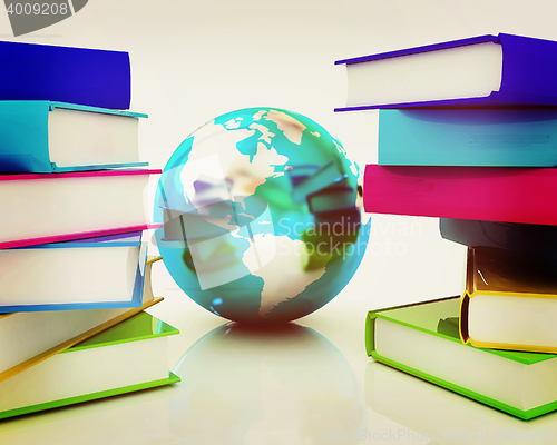 Image of Colorful books and earth. 3D illustration. Vintage style.