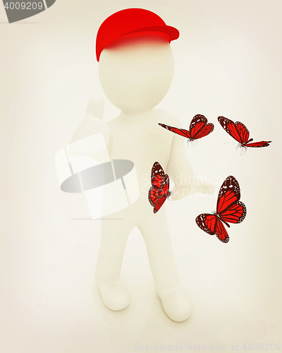 Image of 3d man in a red peaked cap with thumb up and butterflies. 3D ill