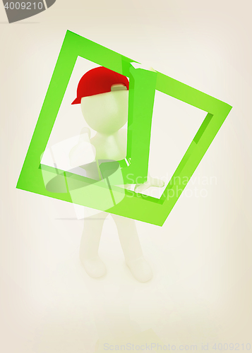 Image of 3d man in a red peaked cap with thumb up and a huge tick. 3D ill