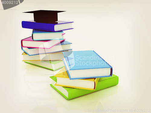Image of Graduation hat with books. 3D illustration. Vintage style.