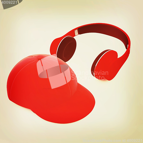 Image of cap and headphones. 3D illustration. Vintage style.