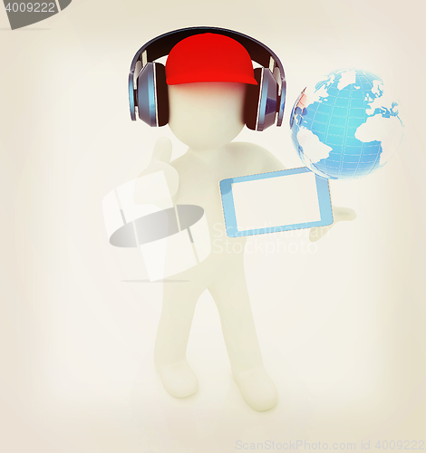 Image of 3d white man in a red peaked cap with thumb up, tablet pc and he