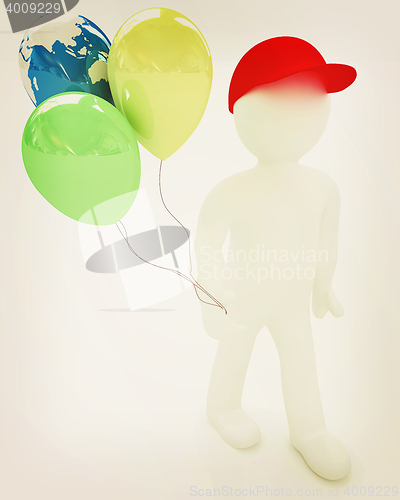 Image of 3d man keeps balloons of earth and colorful balloons . Global ho