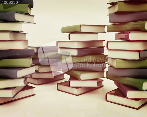 Image of colorful real books. 3D illustration. Vintage style.