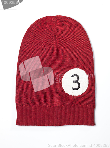 Image of red woolen handmade cap basketball ball alike