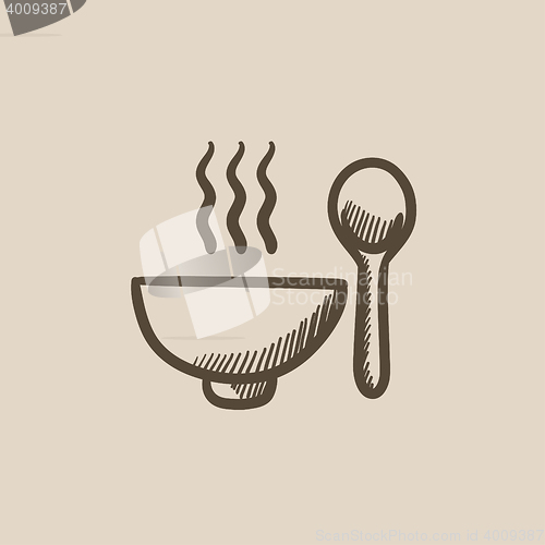 Image of Bowl of hot soup with spoon sketch icon.