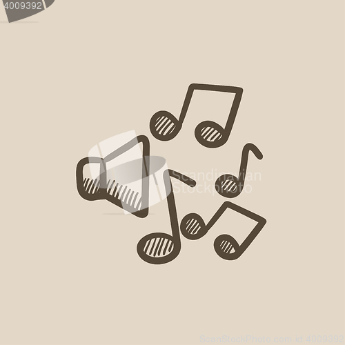 Image of Loudspeakers with music notes sketch icon.