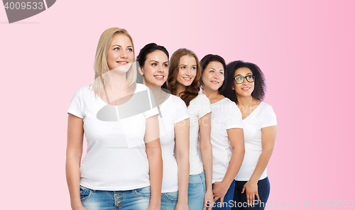 Image of group of happy different women in white t-shirts