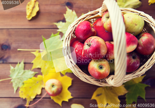 Image of close up of basket with apples on wooden table