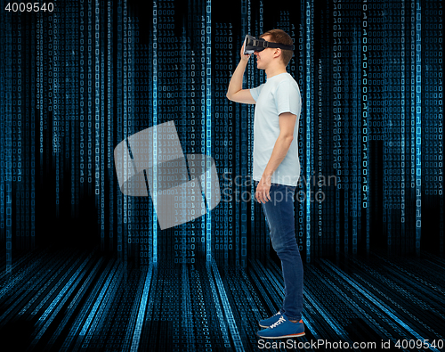 Image of happy man in virtual reality headset or 3d glasses