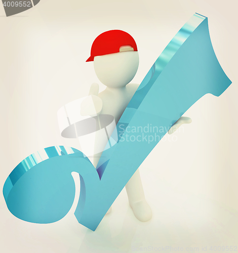 Image of 3d man in a red peaked cap with thumb up and a huge tick. 3D ill