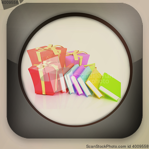 Image of Glossy icon with gift and book . 3D illustration. Vintage style.