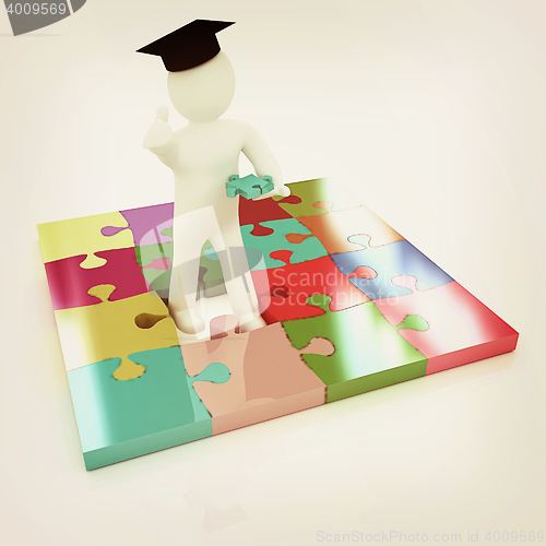 Image of 3d man in a graduation Cap with thumb up with individual puzzles