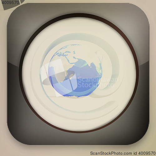 Image of Glossy icon with mail and Earth . 3D illustration. Vintage style