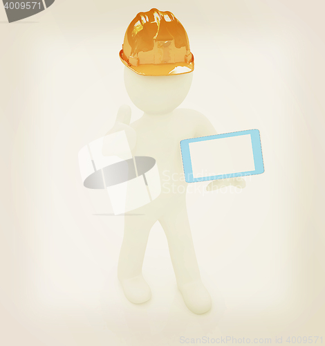 Image of 3d white man in a hard hat with thumb up and tablet pc . 3D illu