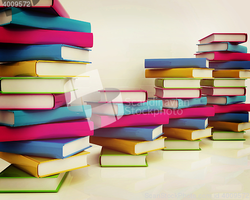 Image of colorful real books. 3D illustration. Vintage style.