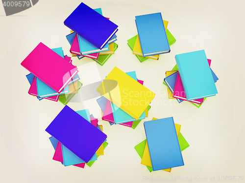 Image of colorful real books. 3D illustration. Vintage style.