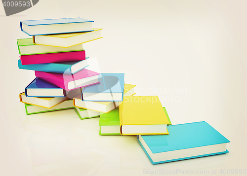 Image of colorful real books. 3D illustration. Vintage style.