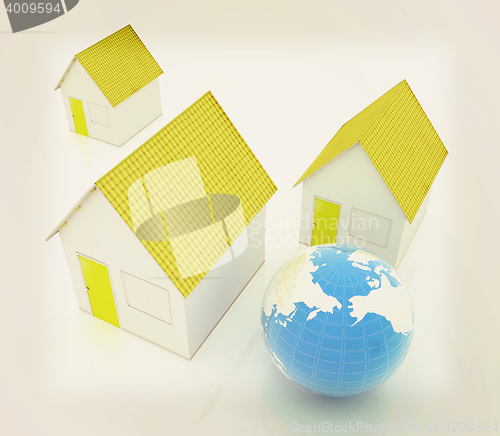 Image of Houses and Earth . 3D illustration. Vintage style.