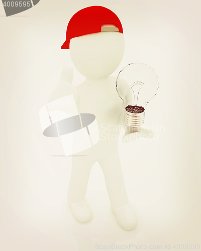 Image of 3d man with light bulb. 3D illustration. Vintage style.