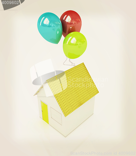 Image of House with colorful balloons . 3D illustration. Vintage style.