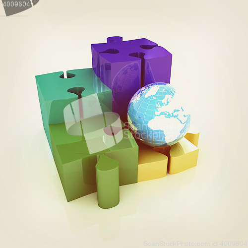 Image of Puzzles and earth.Isolated on white background. 3D illustration.