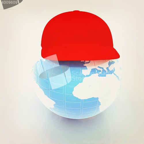Image of Earth in a red peaked cap. 3d icon. Concept: \"Summer Holidays an