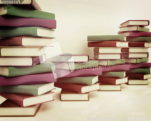 Image of colorful real books. 3D illustration. Vintage style.