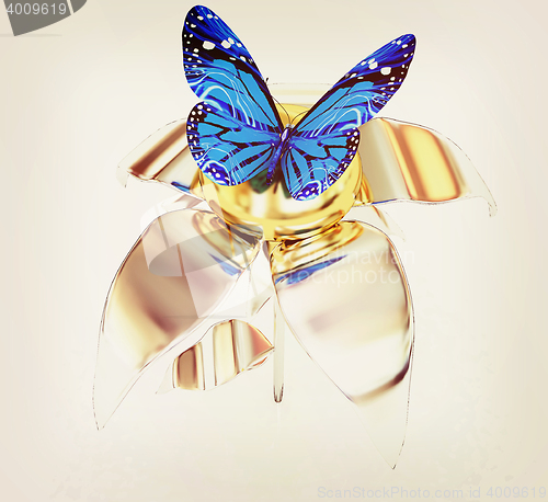 Image of Blue butterflys on a chrome flower with a gold head. 3D illustra