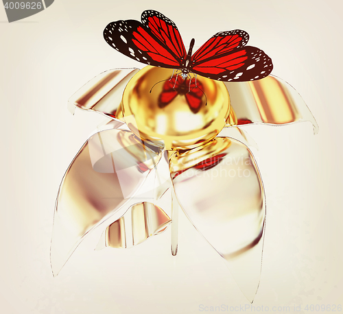 Image of Red butterflys on a chrome flower with a gold head. 3D illustrat