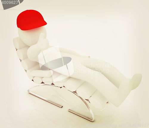 Image of 3d white man lying chair with thumb up. 3D illustration. Vintage