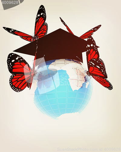 Image of Global Education with red butterflies. 3D illustration. Vintage 