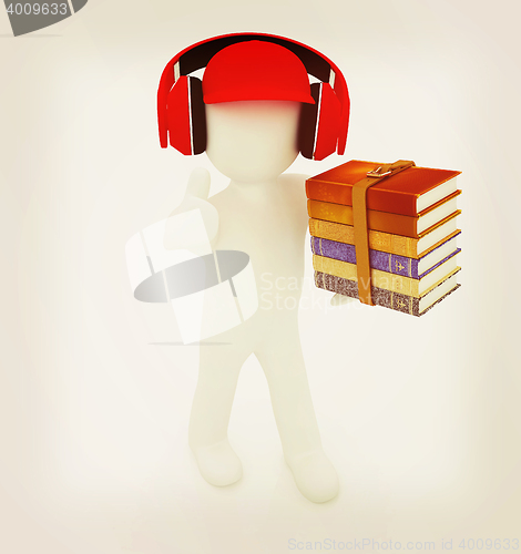 Image of 3d white man in a red peaked cap with thumb up, books and headph