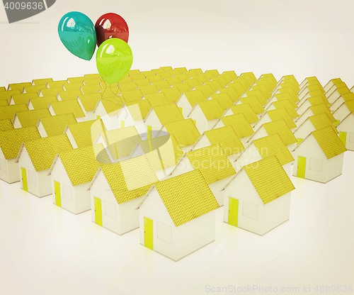 Image of House with colorful balloons . 3D illustration. Vintage style.