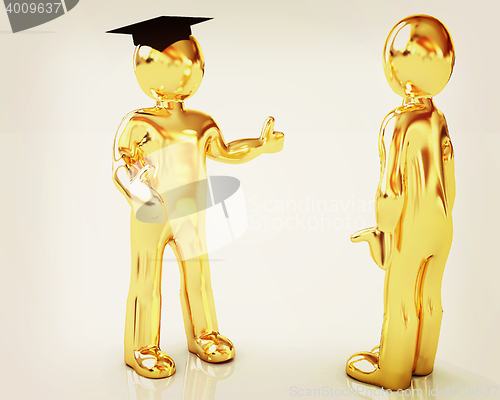 Image of Golden 3D mans in a grad hat and a man. 3D illustration. Vintage