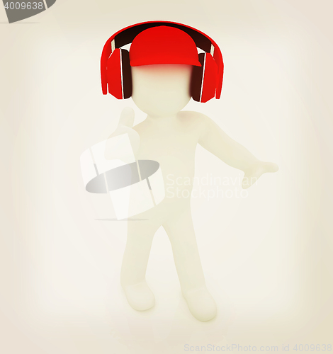Image of 3d white man in a red peaked cap with thumb up and headphones . 