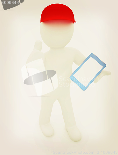 Image of 3d white man in a red peaked cap with thumb up and tablet pc . 3