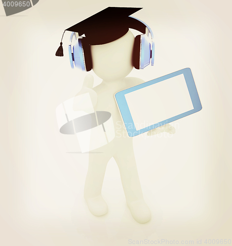 Image of 3d white man in a grad hat with thumb up, headphone and tablet p