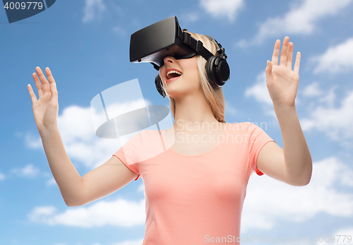 Image of woman in virtual reality headset or 3d glasses