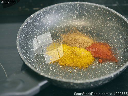 Image of different spices paprika curry garam massala in pan